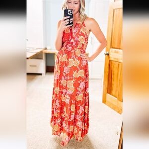 🦋 Pink and Orange One Shoulder Sleeveless Maxi Sundress